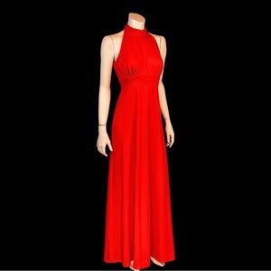 Vintage 1970s Scarlet Red Halter High Neck Maxi Dress / XS S